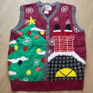 Ugly Christmas Sweater Vest Large Christmas Tree holiday Bulb Santa V-Neck Women